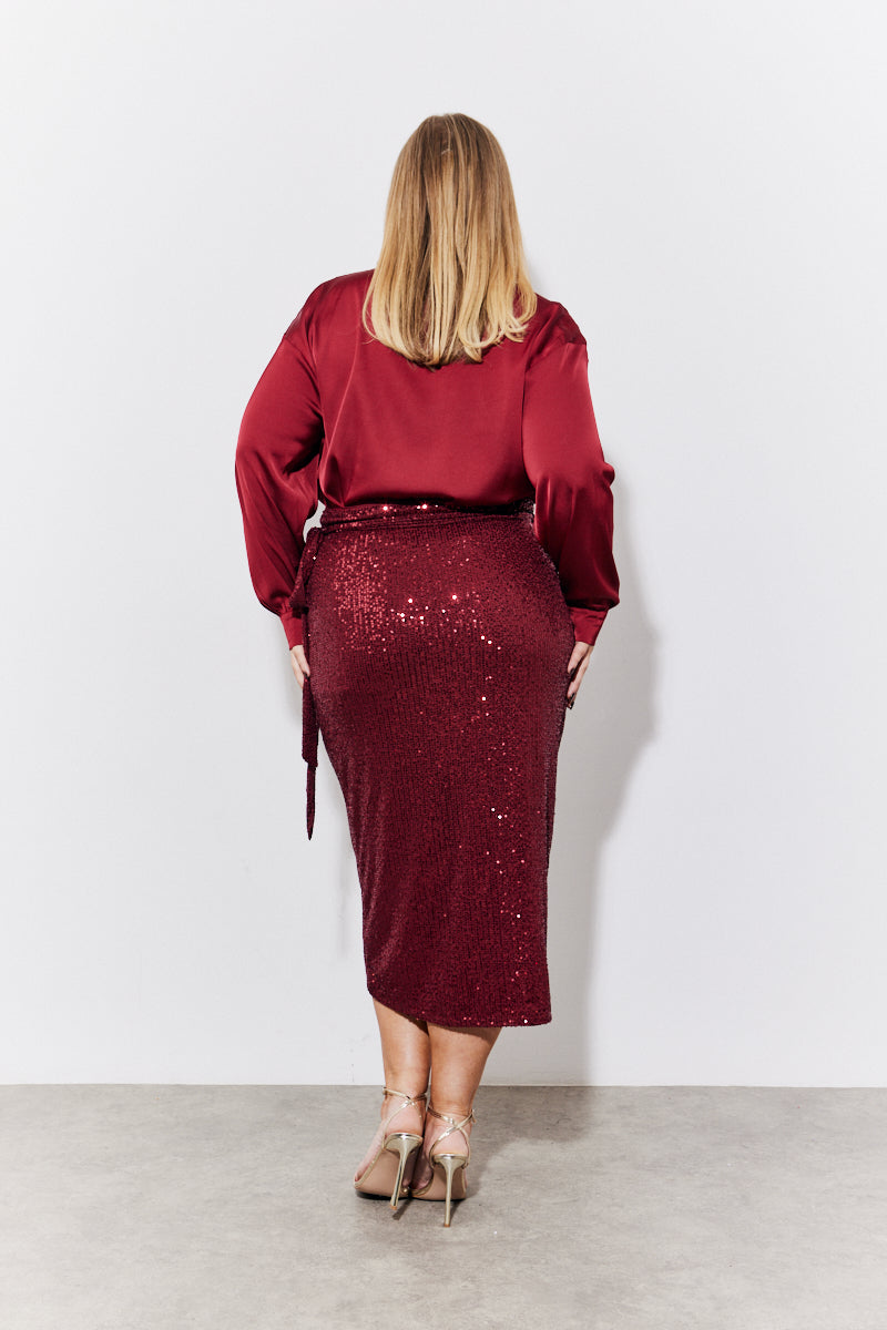 Burgundy Sequin Wrap Midi Skirt – InTheStyle