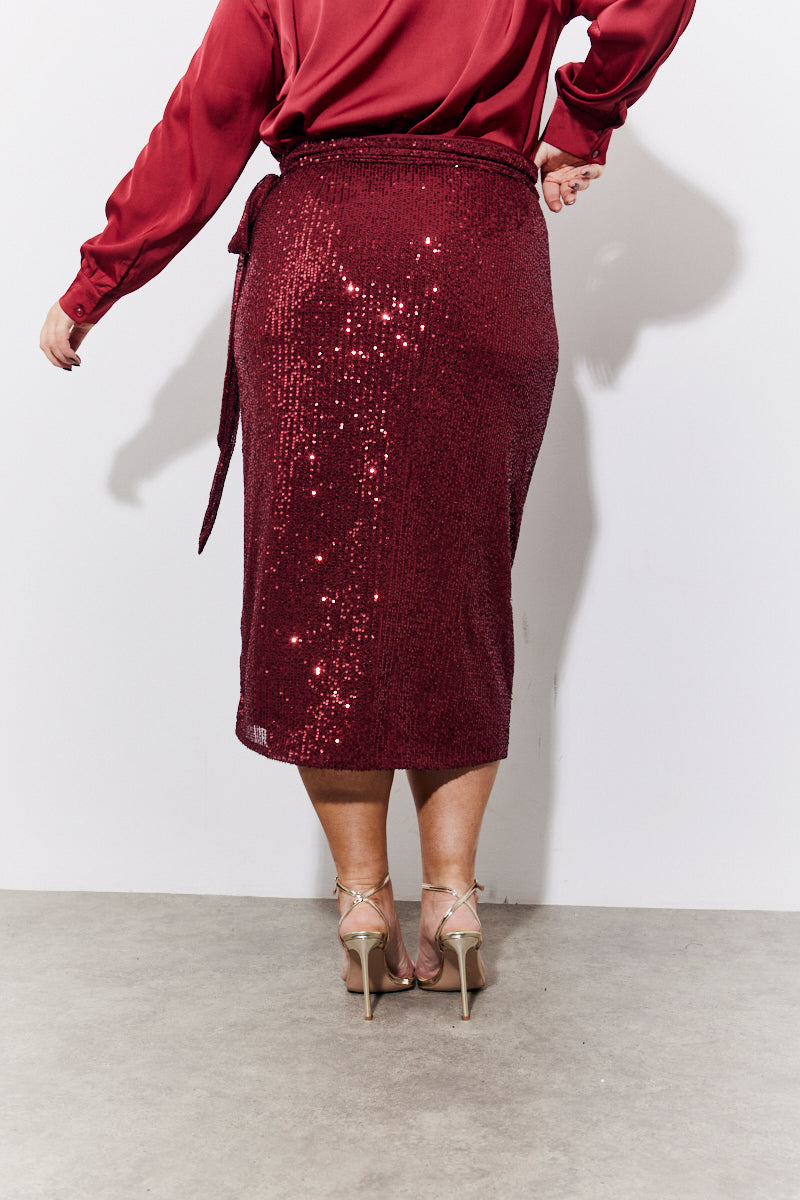 Burgundy Sequin Wrap Midi Skirt – InTheStyle - Main Image