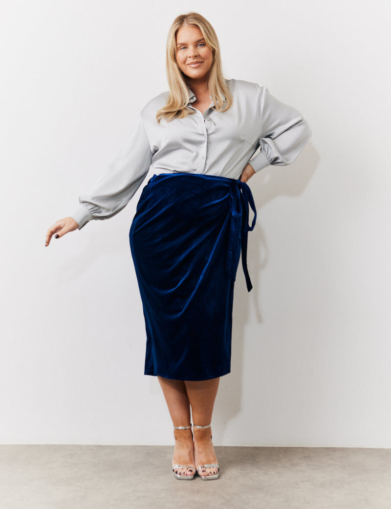 Navy Blue Long Velvet Skirt Navy Velvet Wrap Midi Skirt – InTheStyle