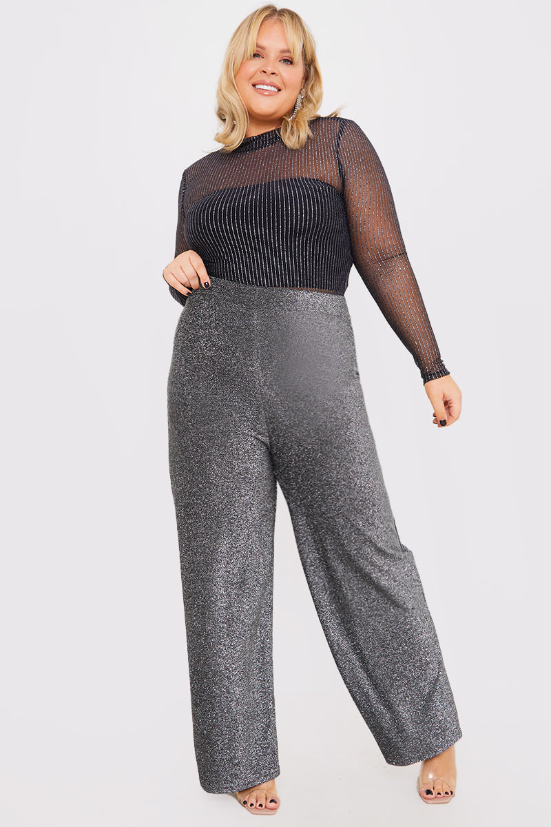 Silver Sparkle Jersey Wide Leg Trousers
