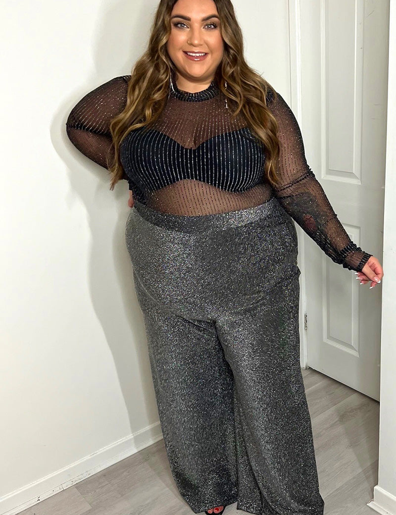 Silver Sparkle Jersey Wide Leg Trousers