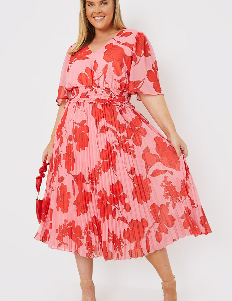 Printed Angel Sleeve Pleated Chiffon Midi Dress