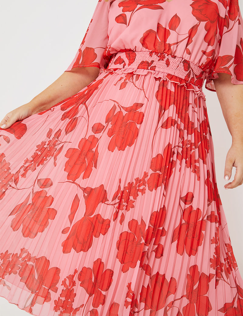 Printed Angel Sleeve Pleated Chiffon Midi Dress