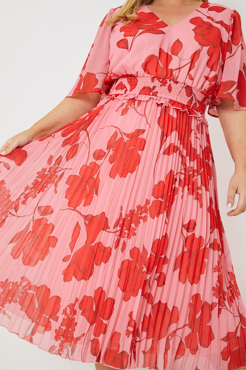Printed Angel Sleeve Pleated Chiffon Midi Dress