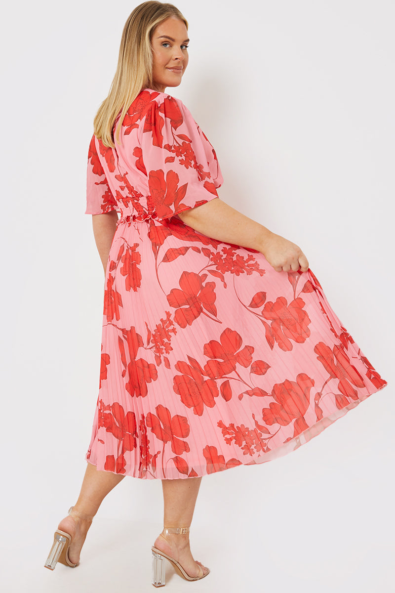Printed Angel Sleeve Pleated Chiffon Midi Dress