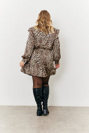 Leopard Satin Shirred Frill Detail Mini Dress