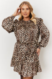 Leopard Satin Shirred Frill Detail Mini Dress