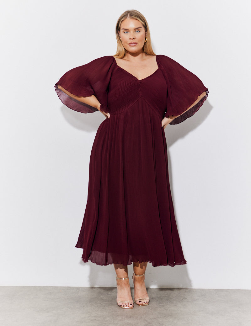 Burgundy Chiffon Angel Sleeve Midaxi Dress