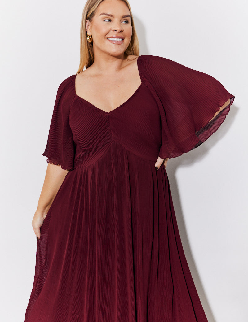 Burgundy Chiffon Angel Sleeve Midaxi Dress
