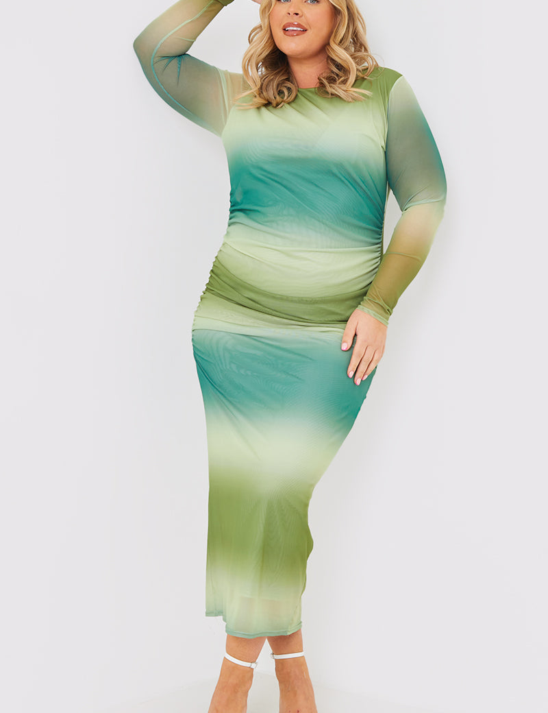 Printed Ombre Mesh Long Sleeve Maxi Dress