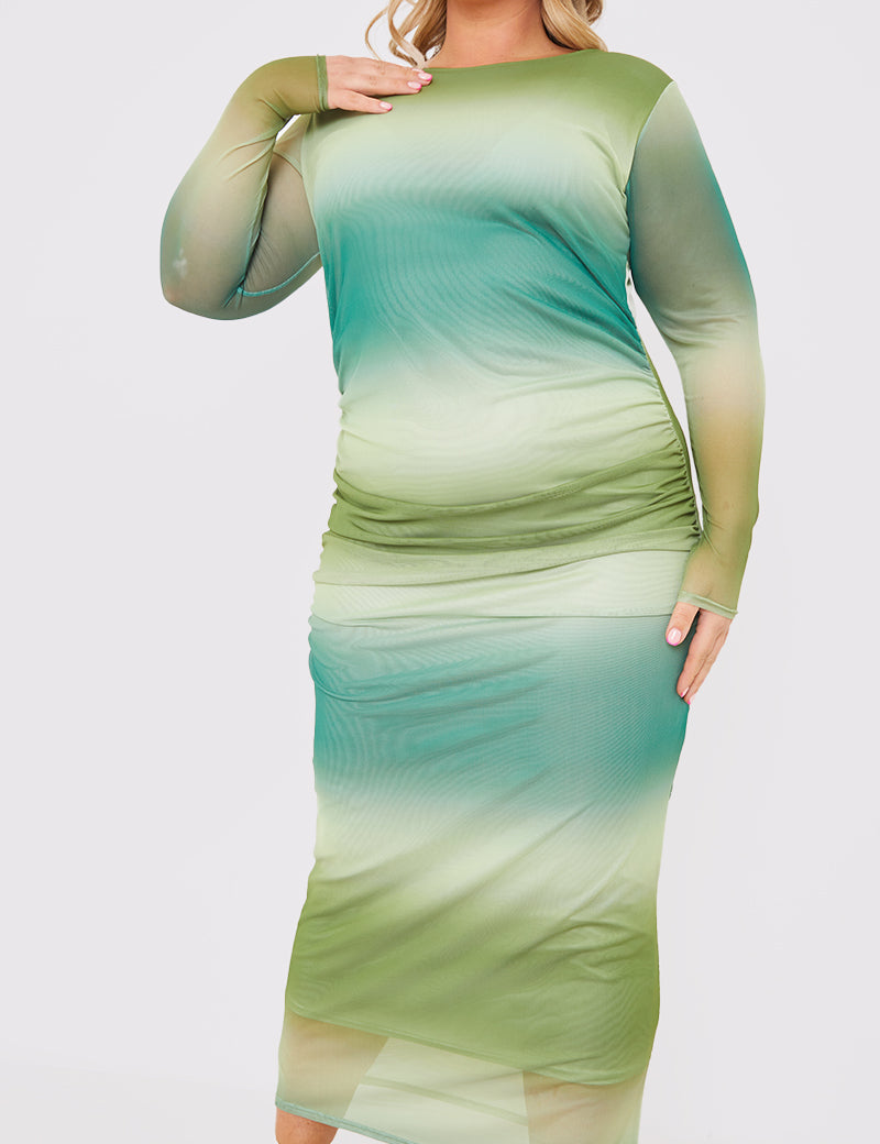 Printed Ombre Mesh Long Sleeve Maxi Dress