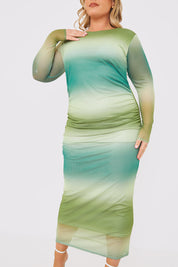 Printed Ombre Mesh Long Sleeve Maxi Dress