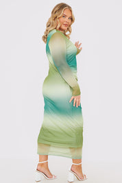 Printed Ombre Mesh Long Sleeve Maxi Dress
