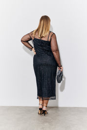 Black Mesh Rhinestone Maxi Dress with Removable Jersey Slip Dress