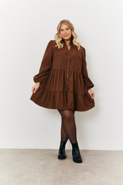 Cord Balloon Sleeve Tiered Smock Dress