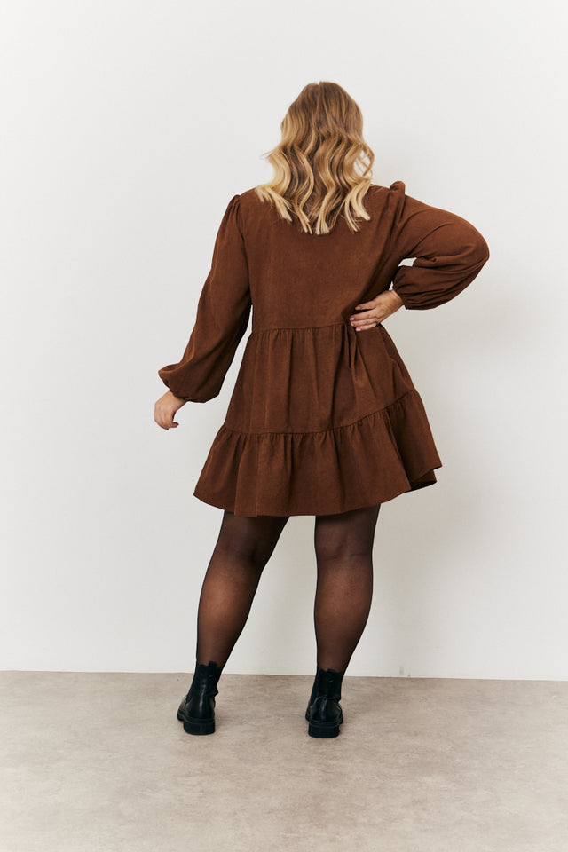 Tiered Corduroy Mini Dress with Balloon Sleeves