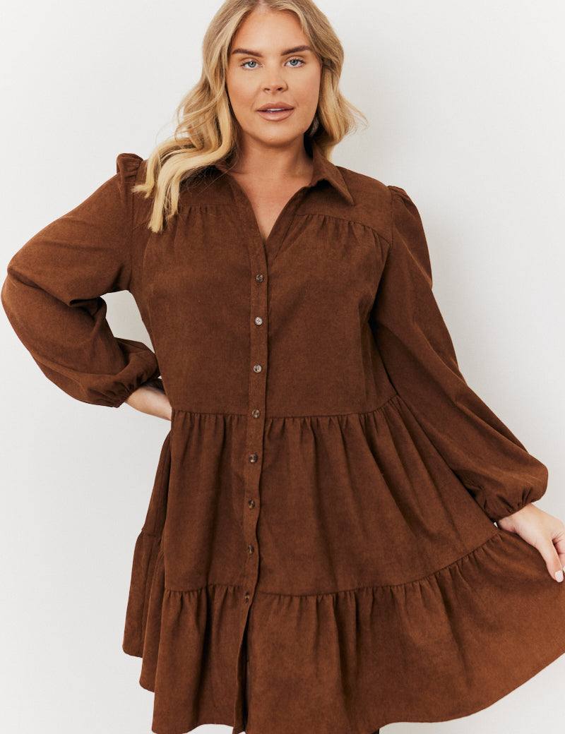 Cord Balloon Sleeve Tiered Smock Dress