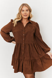 Cord Balloon Sleeve Tiered Smock Dress