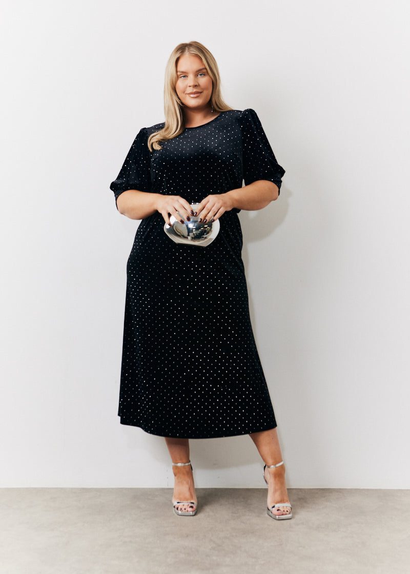 Puff Sleeve Studded Velvet Midi Dress