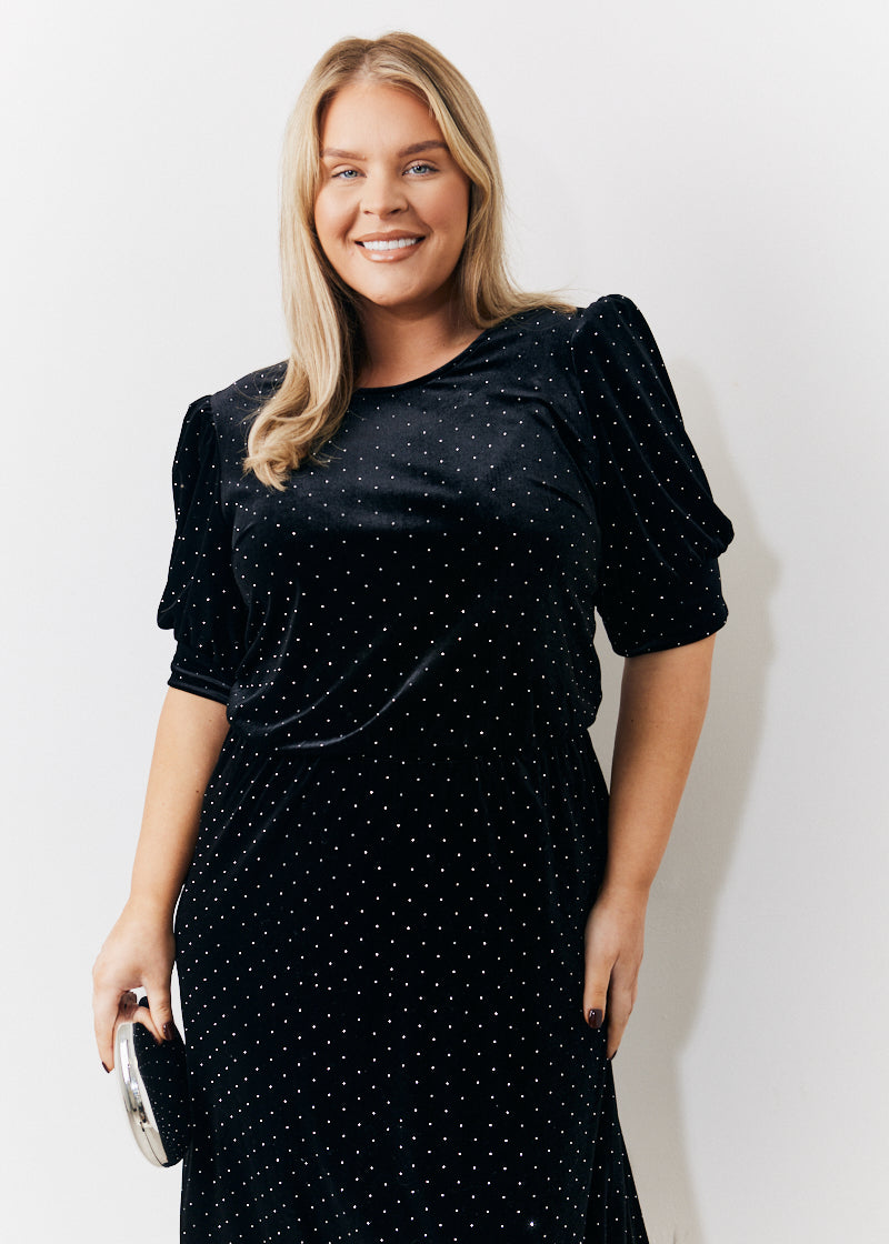 Puff Sleeve Studded Velvet Midi Dress