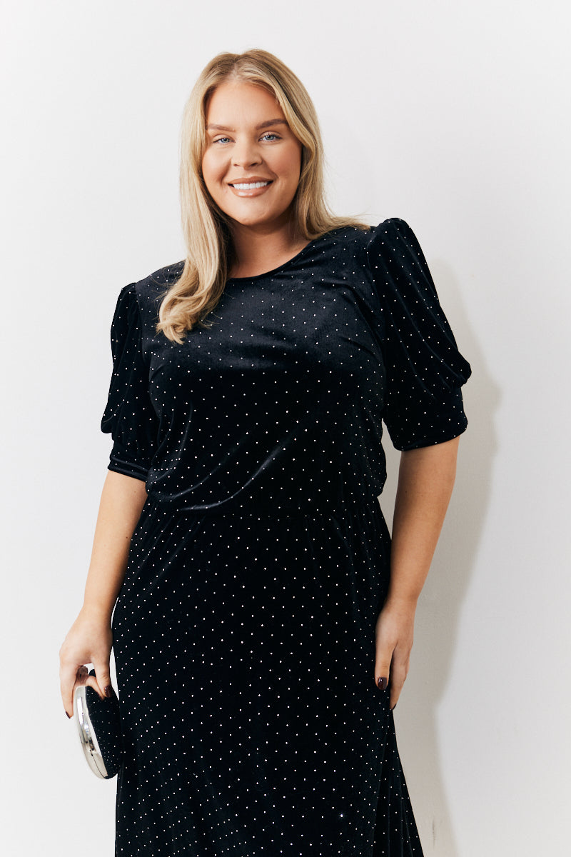 Puff Sleeve Studded Velvet Midi Dress