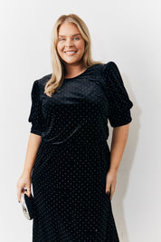 Puff Sleeve Studded Velvet Midi Dress