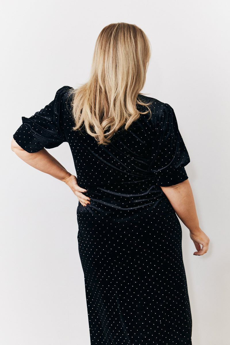 Puff Sleeve Studded Velvet Midi Dress