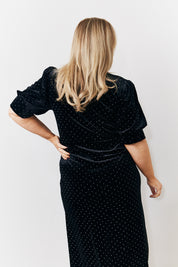 Puff Sleeve Studded Velvet Midi Dress