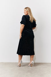Puff Sleeve Studded Velvet Midi Dress