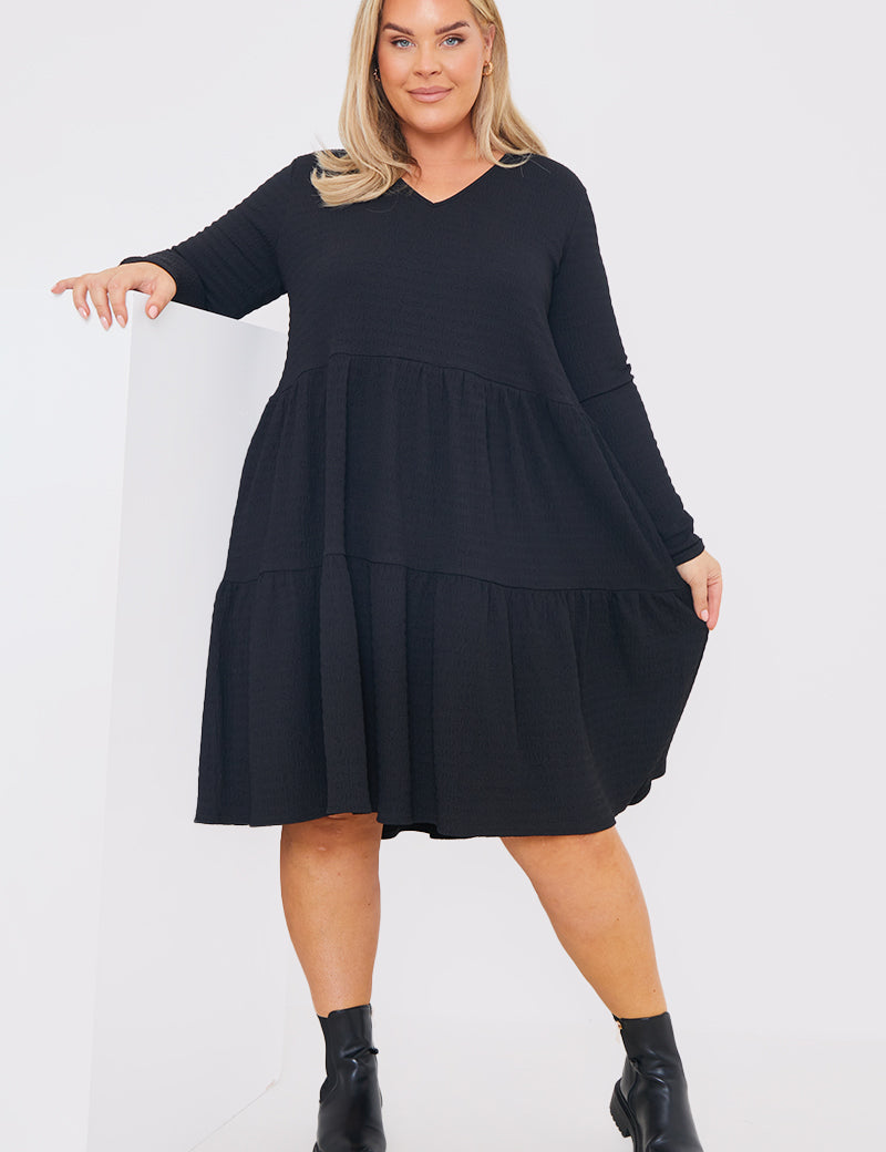 V neck Textured Smock Dress 