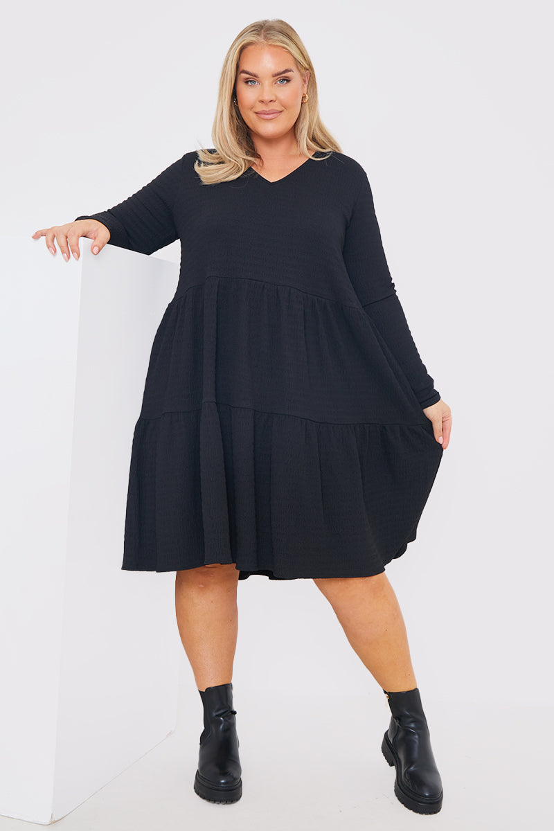 V neck Textured Smock Dress 