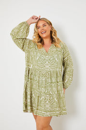 Printed Mini Smock Dress with Long Balloon Sleeves