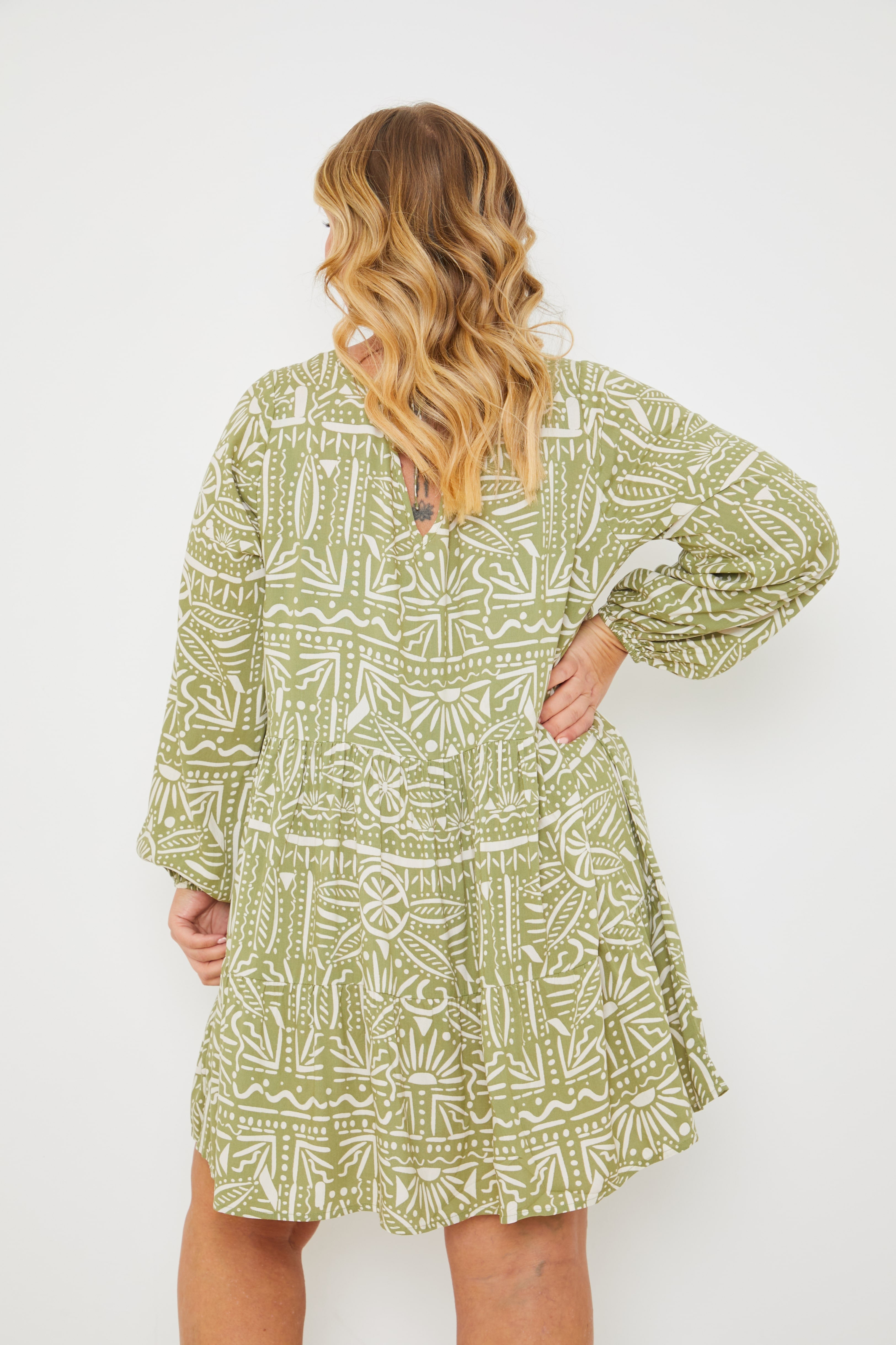 Printed Mini Smock Dress with Long Balloon Sleeves