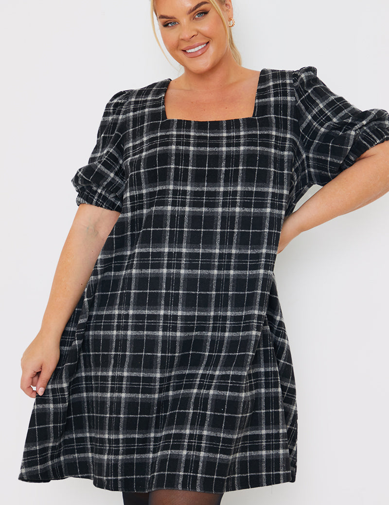 Brushed Check Balloon Sleeve Swing Dress
