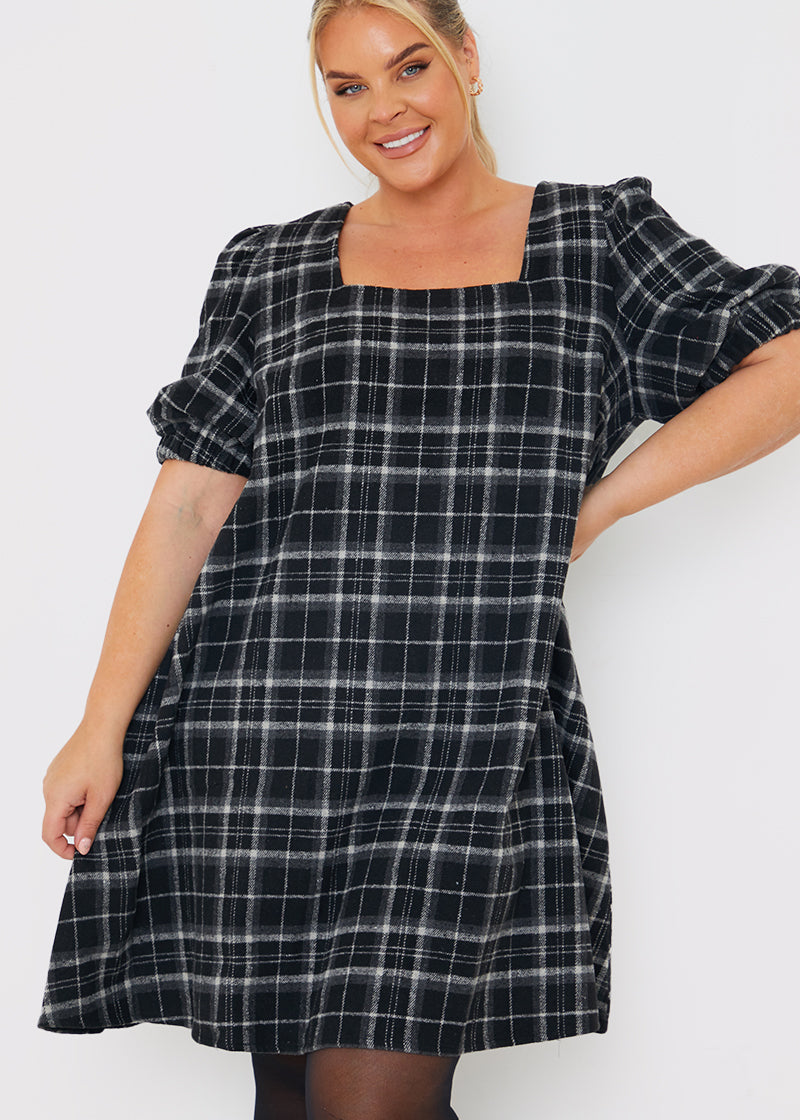 Brushed Check Balloon Sleeve Swing Dress