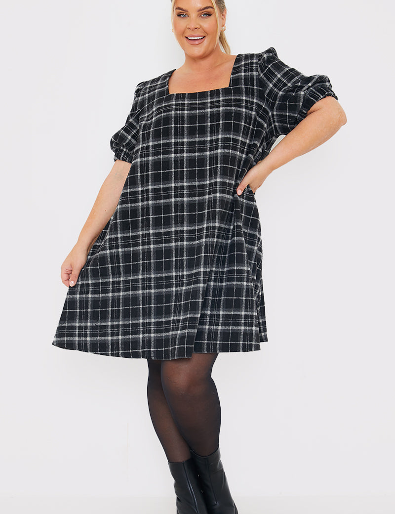 Brushed Check Balloon Sleeve Swing Dress