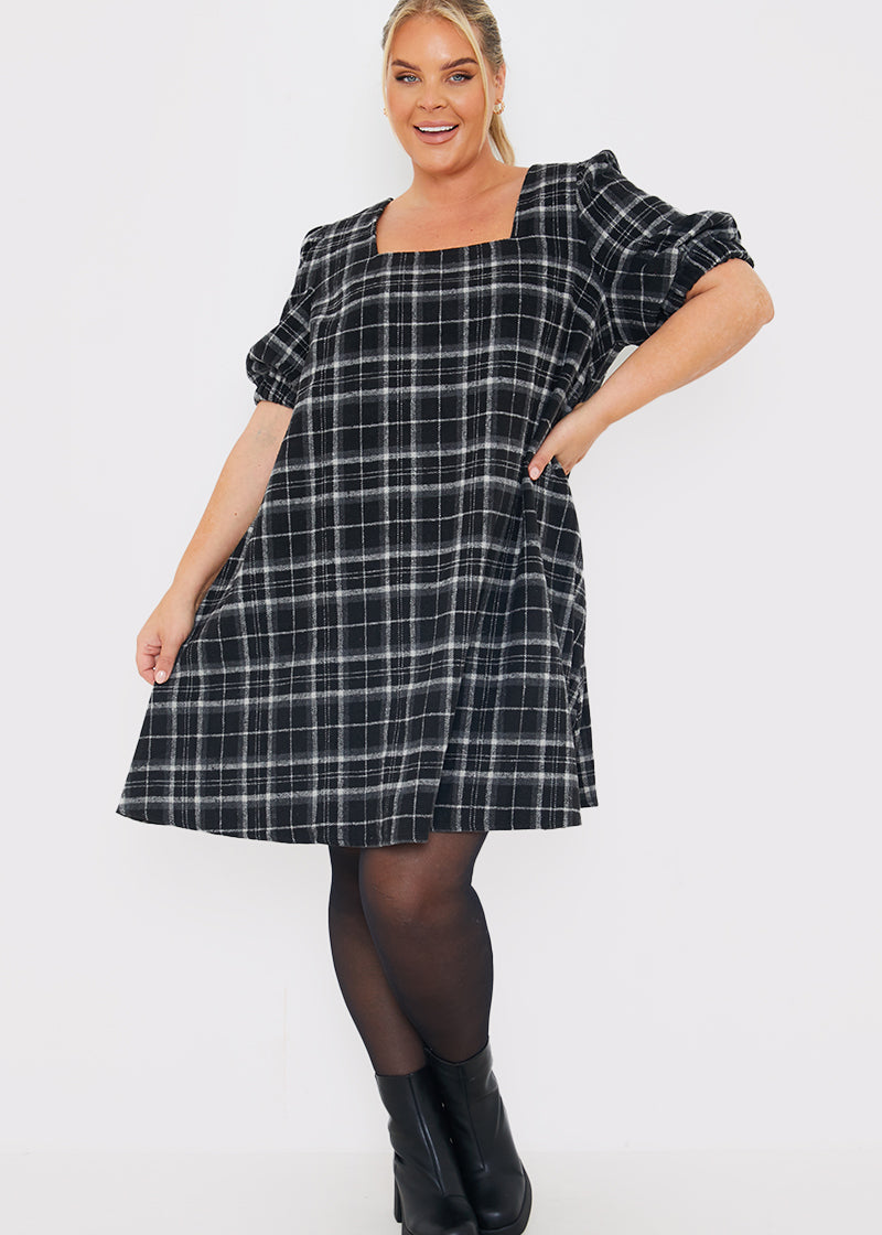 Brushed Check Balloon Sleeve Swing Dress