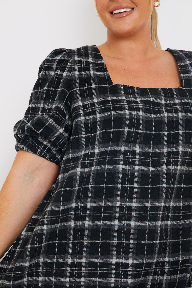 Brushed Check Balloon Sleeve Swing Dress