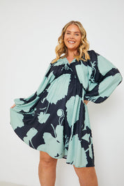 Printed Puff Sleeve Functional Wrap Midi Dress