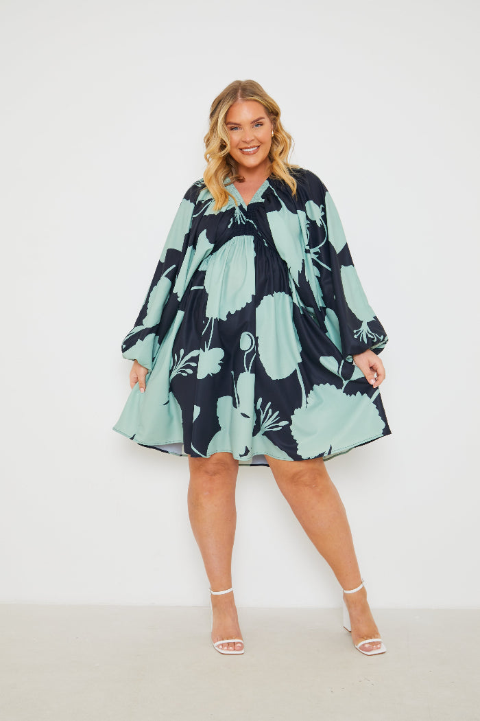 Printed Puff Sleeve Functional Wrap Midi Dress