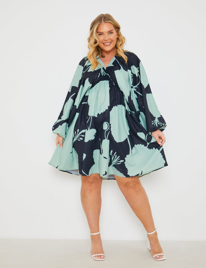 Printed Puff Sleeve Functional Wrap Midi Dress