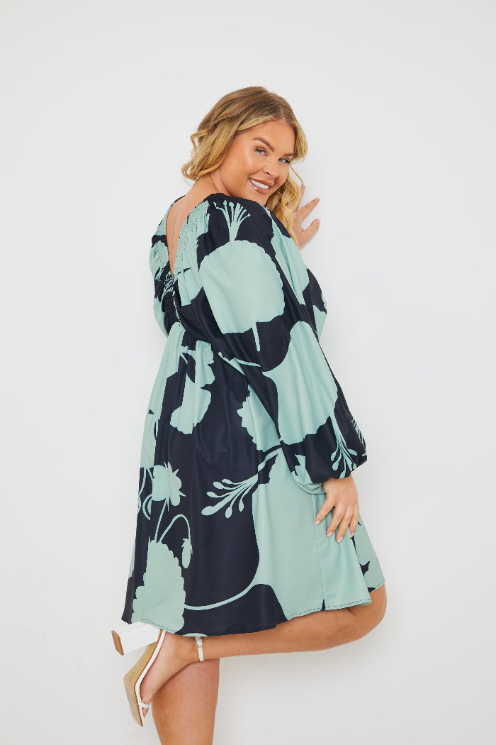 Printed Puff Sleeve Functional Wrap Midi Dress
