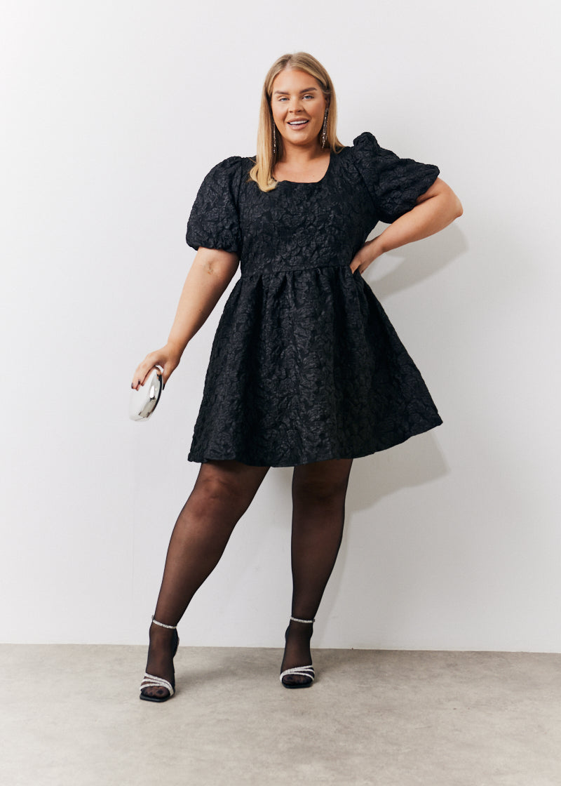 Jacquard Bow Back Puff Sleeve Smock Dress