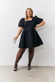 Jacquard Bow Back Puff Sleeve Smock Dress