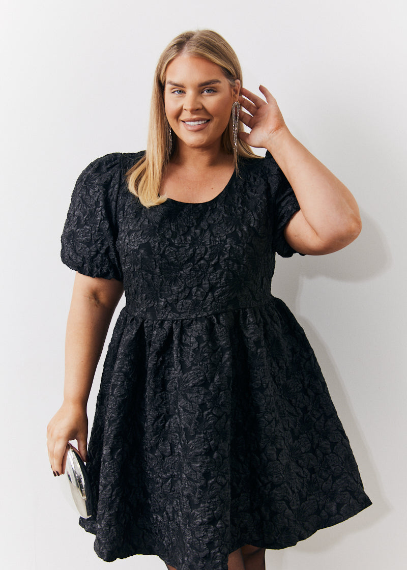 Jacquard Bow Back Puff Sleeve Smock Dress