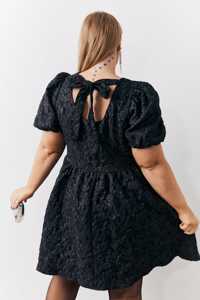 Jacquard Bow Back Puff Sleeve Smock Dress