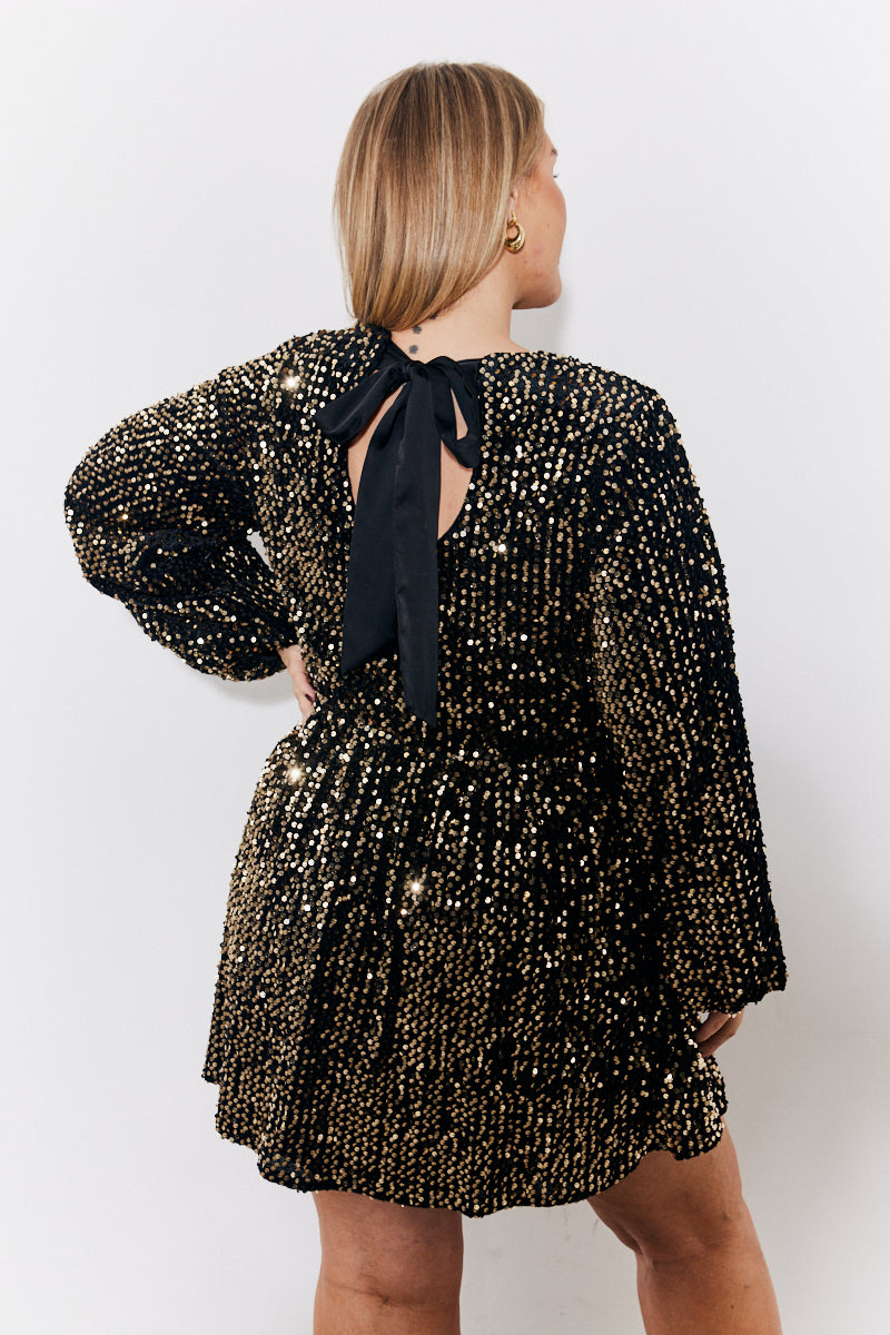 Gold Velvet Sequin Smock Dress with Bow Back