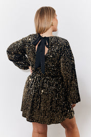 Gold Velvet Sequin Smock Dress with Bow Back