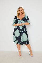Printed Puff Sleeve Functional Wrap Midi Dress