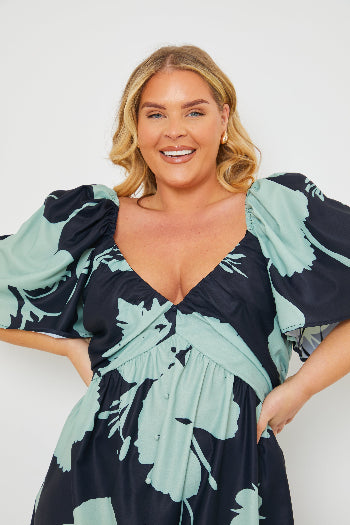 Printed Puff Sleeve Functional Wrap Midi Dress